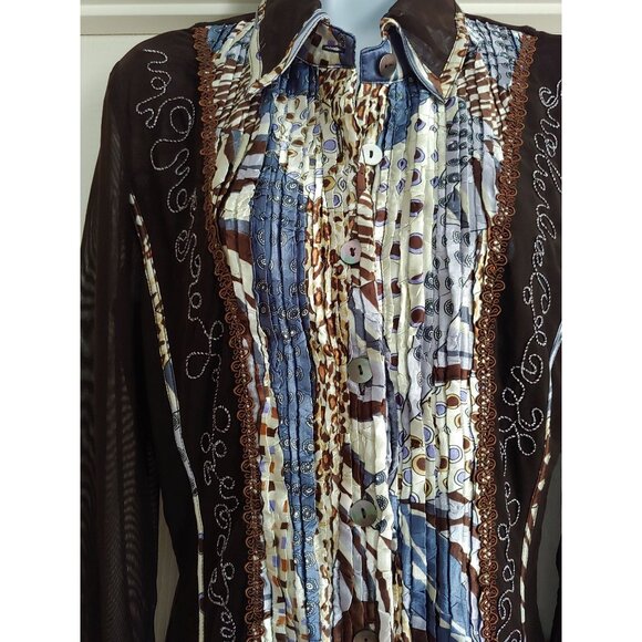 Alberto Makali Womens Artsy Pleated Sheer Mesh Sleeves Embroidered L Electic - Picture 5 of 13